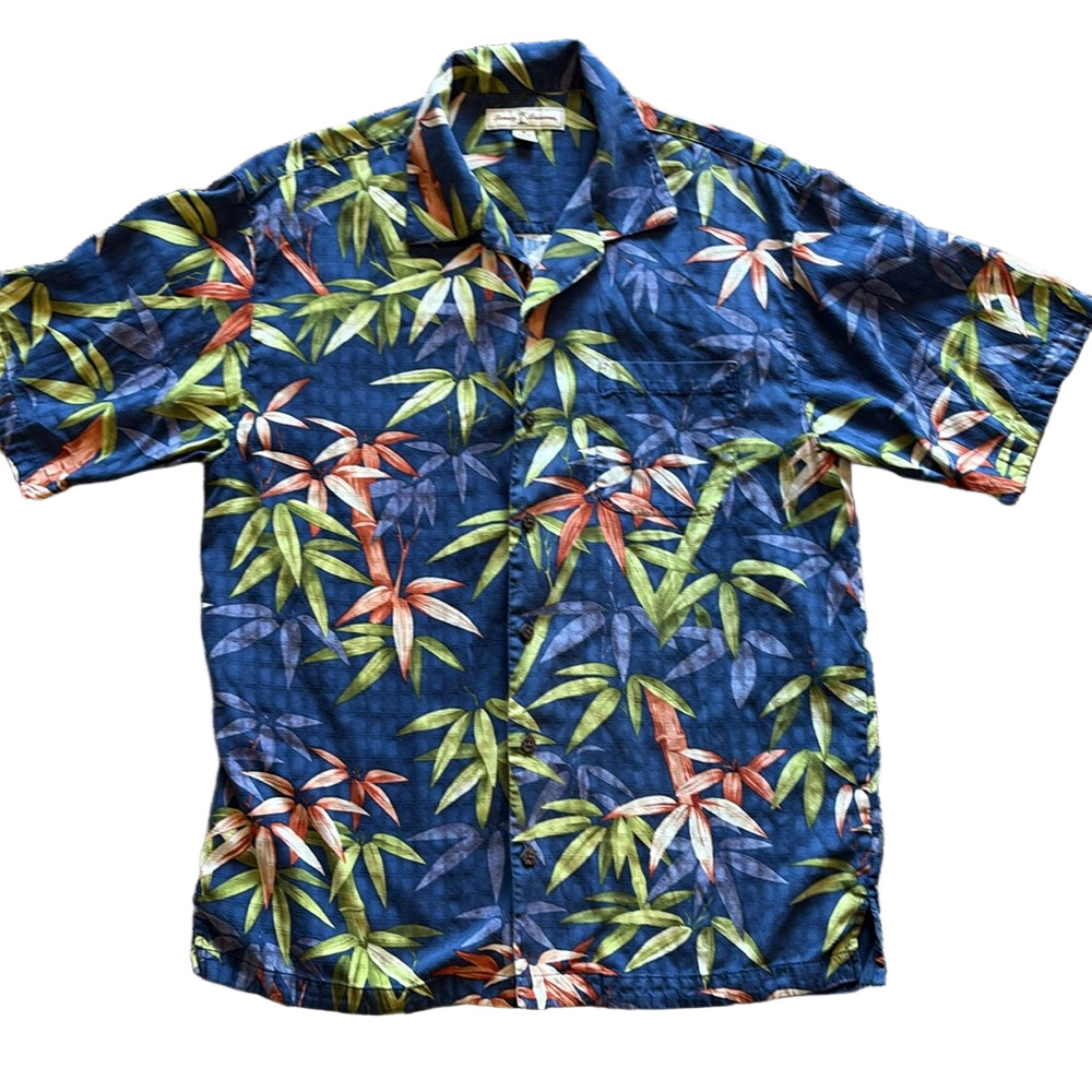 Tommy Bahama Mens M Hawaiian Button Up Blue Green Silk Shirt